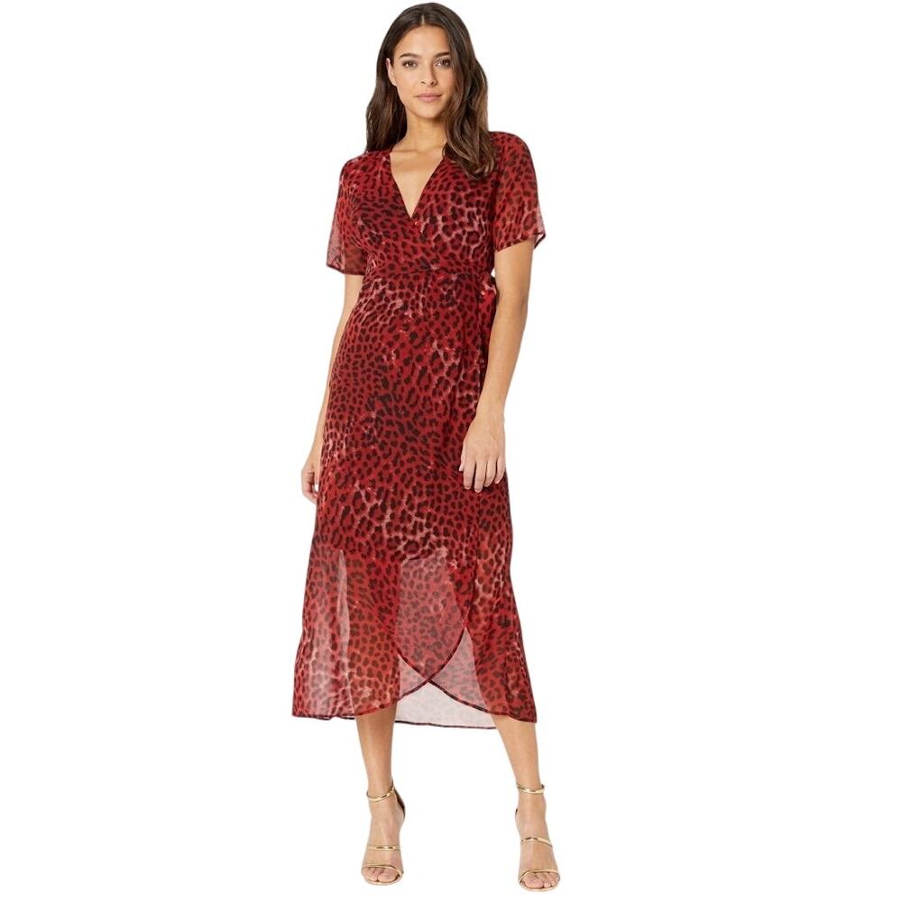 Bardot  Sheer Midi Leopard Print Wrap Dress in Red and Black
